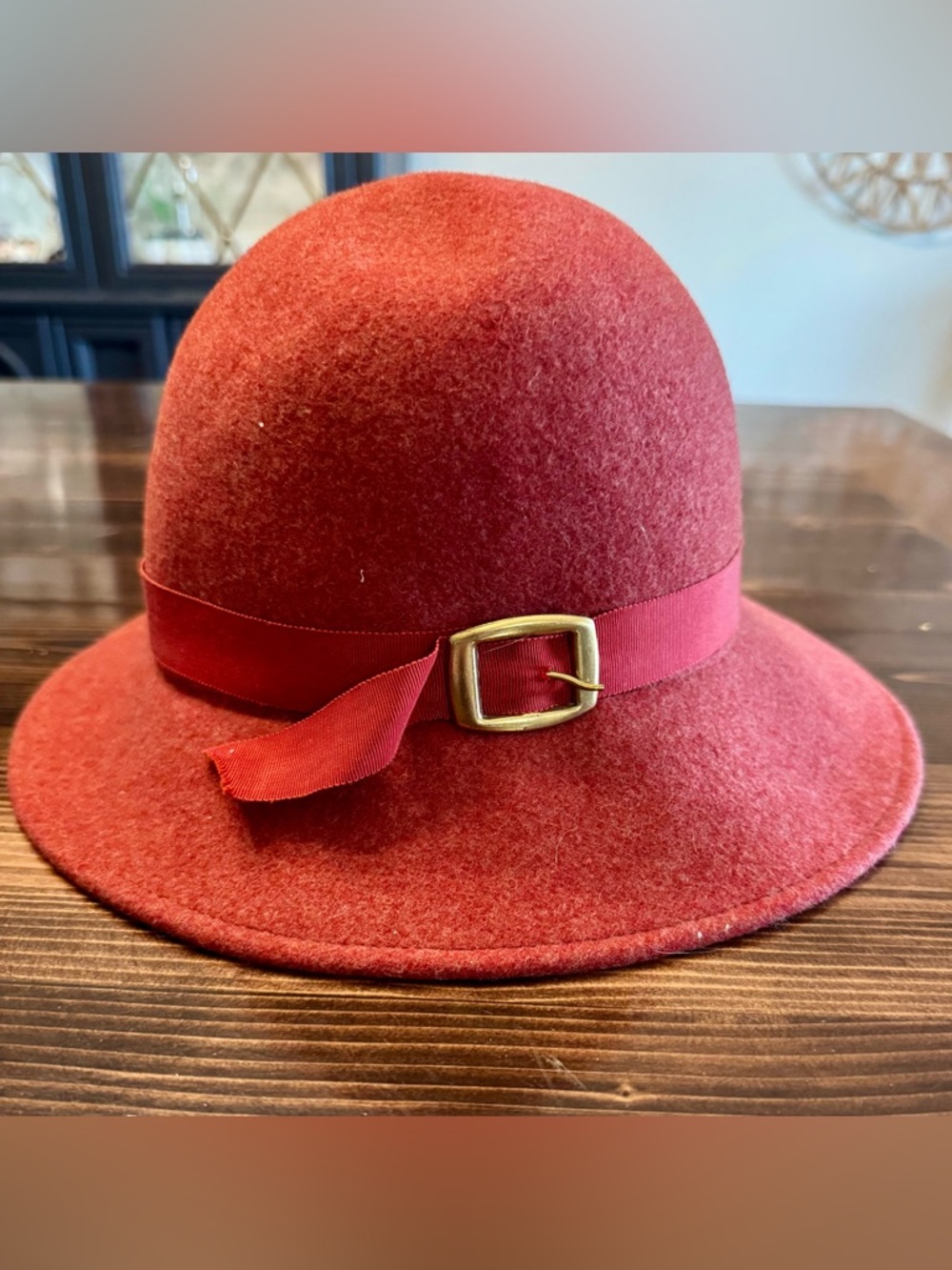 Vintage Women's Bollman Doeskin Red Wool Felt Cloche Hat with Buckle Band